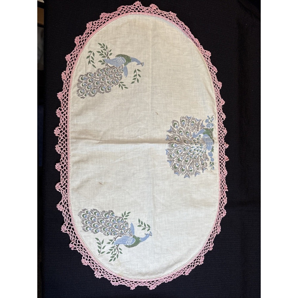 Vintage Peacock Linen Doilies Lot 6pc Pink Crochet Trim Handmade Table Linens